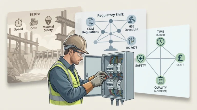 Illustrated featured image showing an electrician working onsite with icons and diagrams representing safety, time, cost, and quality across modern project management