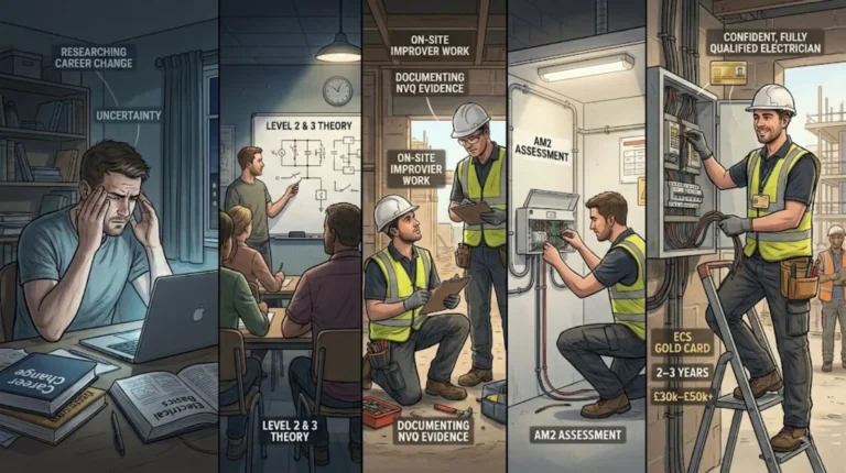 Illustrated timeline showing an adult retraining journey into electrical work, from career uncertainty and classroom theory to site experience, AM2 assessment, and becoming a fully qualified electrician.