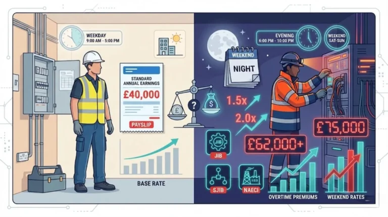 Illustration comparing an electrician’s daytime base salary with higher earnings from night, weekend, and overtime work.