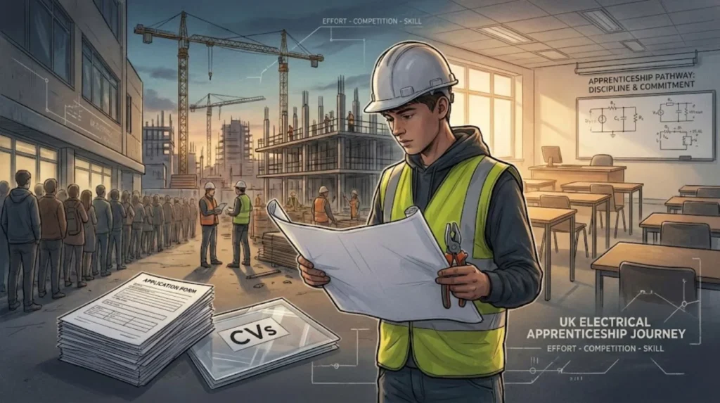 Illustration of a UK electrical apprentice reviewing plans on a construction site, with CVs, application forms, classroom training, and competition shown in the background.