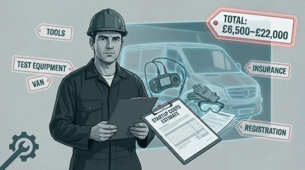 Illustration of an electrician reviewing startup costs, showing tools, test equipment, van, insurance, and registration with a total cost range of £6,500–£22,000.