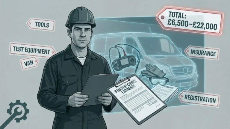 Illustration of an electrician reviewing startup costs, showing tools, test equipment, van, insurance, and registration with a total cost range of £6,500–£22,000.