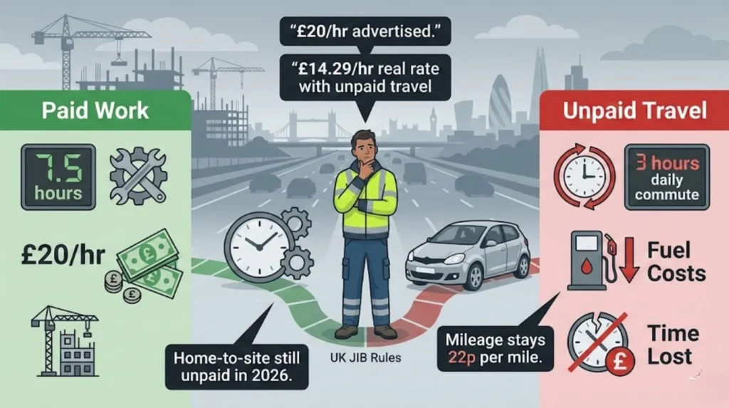 Illustration showing a UK construction worker comparing paid work at £20hour for 7.5 hours with unpaid travel time, fuel costs, and a real hourly rate of £14.29.