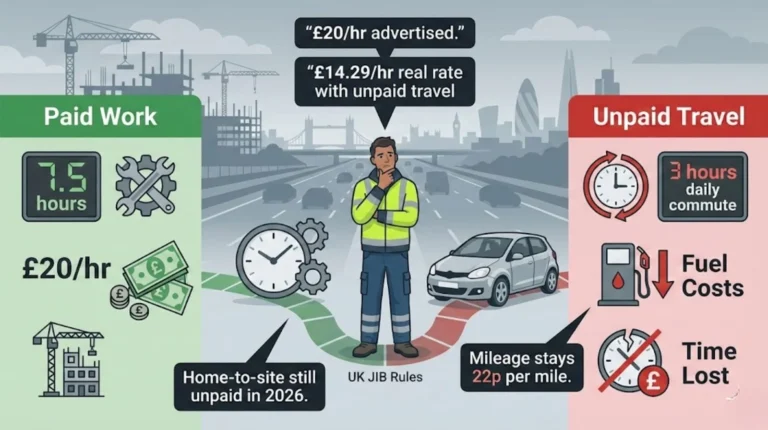 Illustration showing a UK construction worker comparing paid work at £20hour for 7.5 hours with unpaid travel time, fuel costs, and a real hourly rate of £14.29.