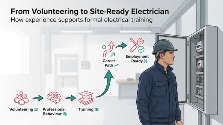 Illustration showing a professional electrician with safety cap, highlighting volunteering, training, and career progression