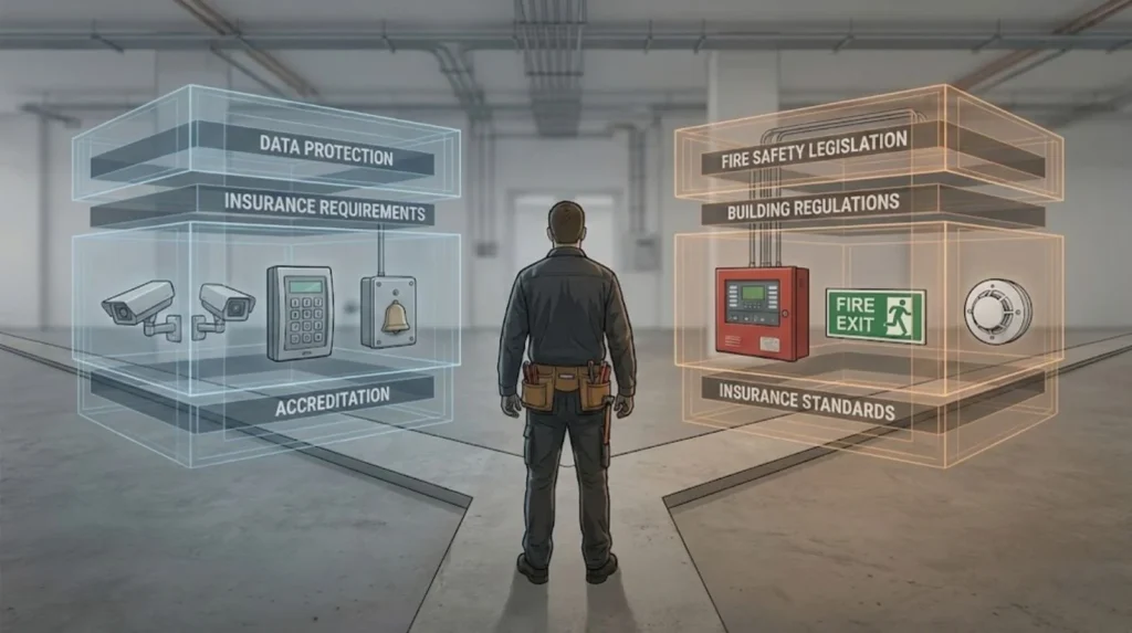 Illustration showing engineer choosing between data protection rules and fire safety legislation.