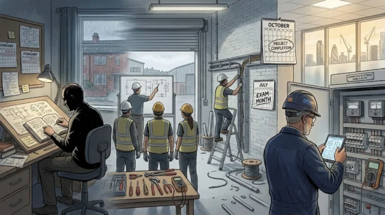 Illustration showing the staged journey of an electrician from study and planning through site training to assessment and project completion.