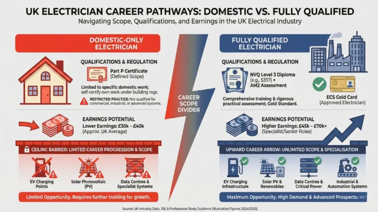 Infographic comparing UK domestic-only electricians and fully qualified electricians, showing differences in qualifications, scope of work, and earning potential.