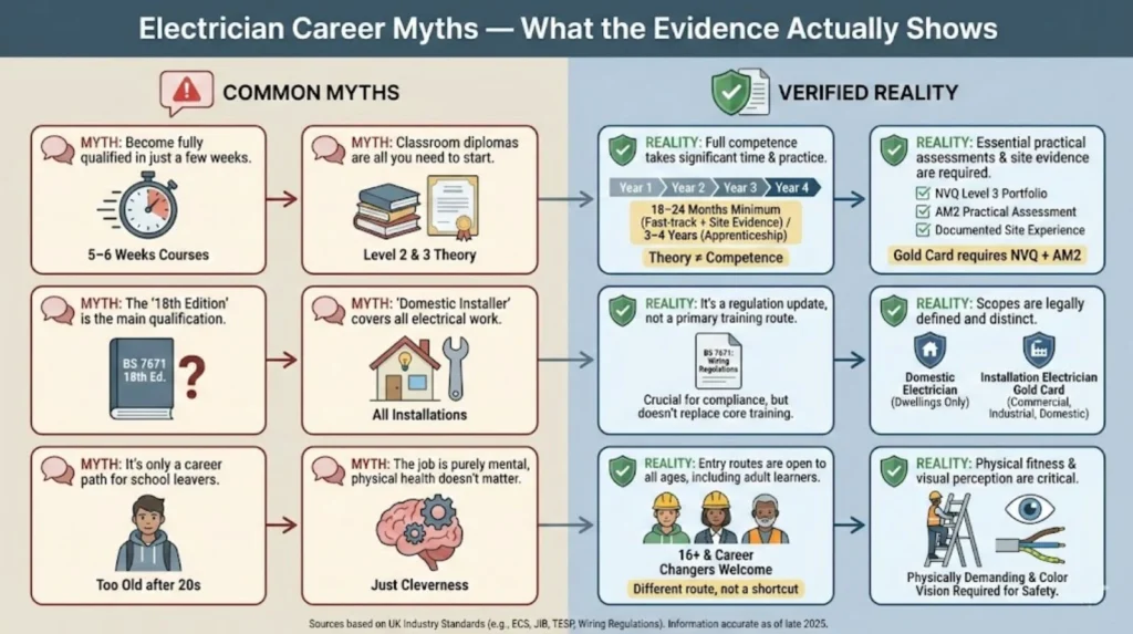 Infographic comparing common electrician career myths with verified realities, showing training time, qualifications, assessments, and physical requirements.