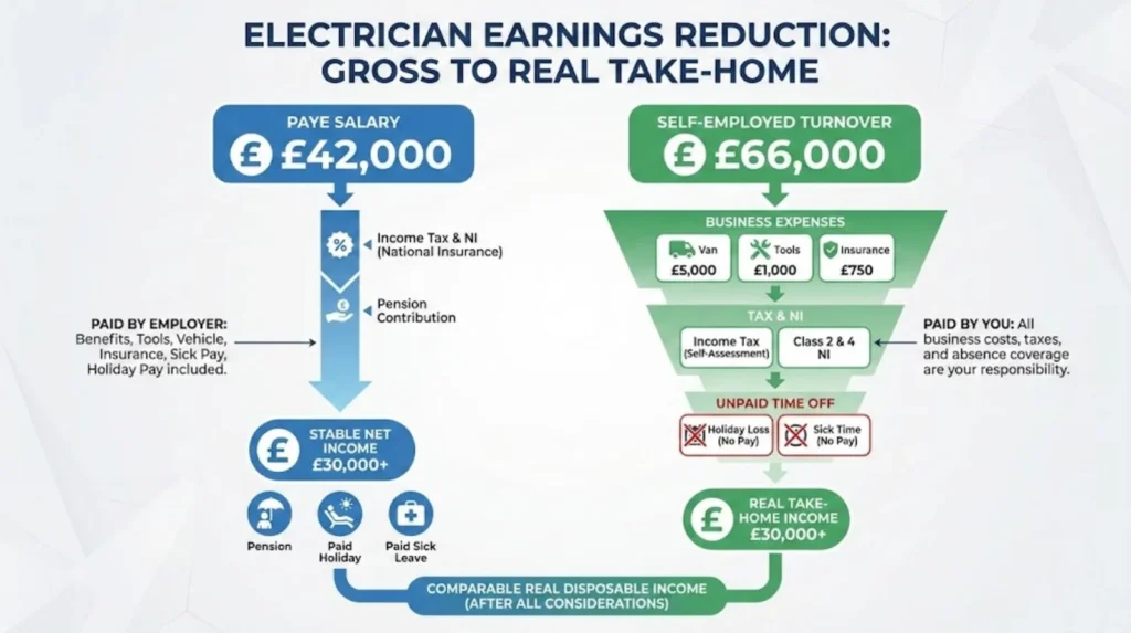 Infographic comparing electrician earnings from gross pay to real take-home income for employed versus self-employed roles.