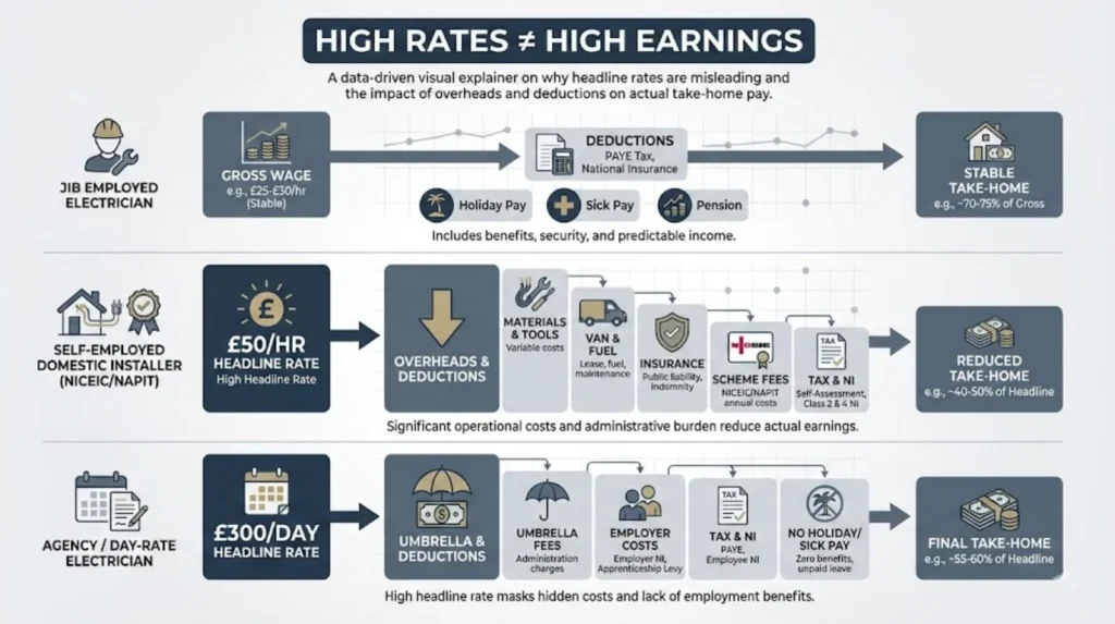 Infographic comparing electrician pay routes, showing how high advertised rates are reduced by taxes, overheads, and fees to lower real take-home pay.