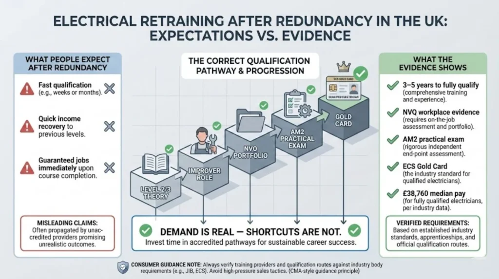 Infographic comparing expectations versus evidence for retraining as an electrician after redundancy in the UK, showing the realistic qualification pathway from Level 23 theory to ECS Gold Card.