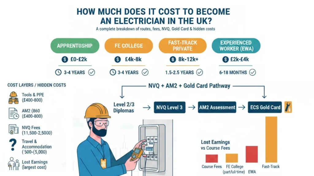 Infographic explaining the costs and pathways to become an electrician in the UK