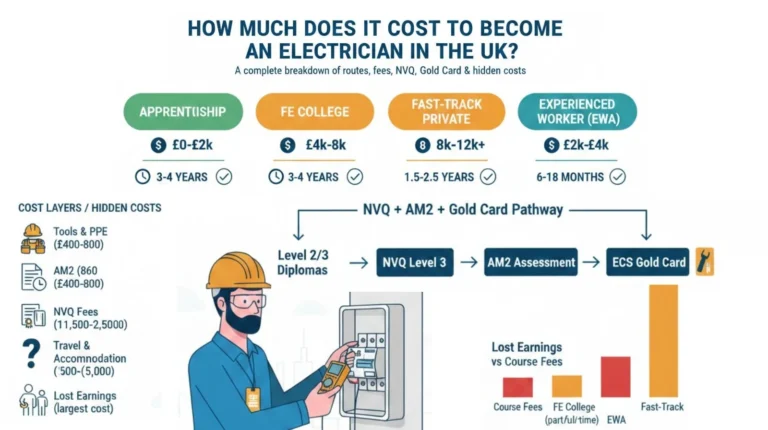 Infographic explaining the costs and pathways to become an electrician in the UK