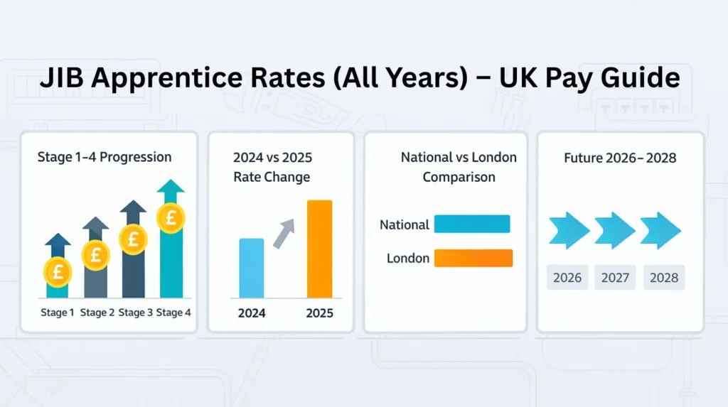 Infographic of JIB apprentice pay progression, rate changes, and UK regional comparison
