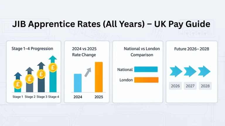 Infographic of JIB apprentice pay progression, rate changes, and UK regional comparison