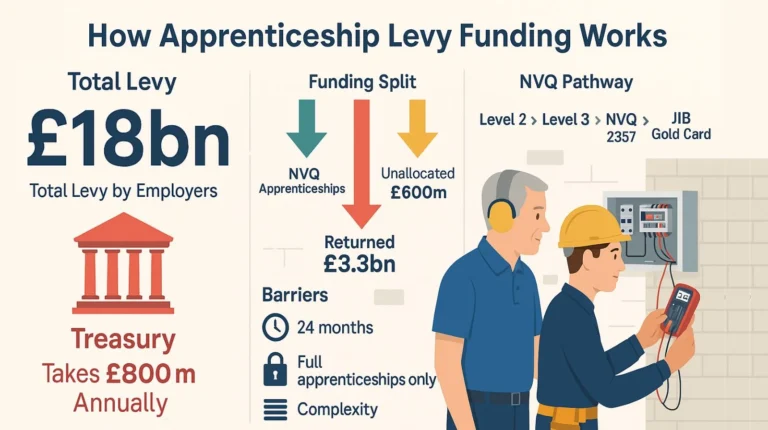 Infographic on how the UK apprenticeship levy is allocated, the funding split, barriers, and the NVQ pathway to JIB Gold Card.