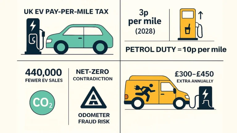 Infographic on the UK’s EV pay-per-mile tax, showing 3p rate, petrol comparison, fewer EV sales, fraud risk, and higher rural costs.