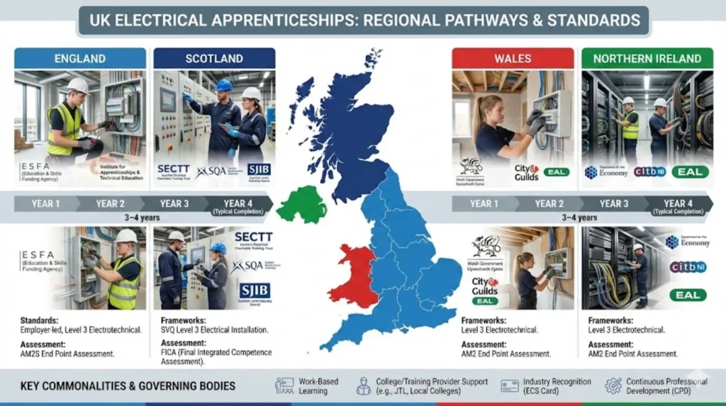 Infographic showing UK electrical apprenticeships by region—England, Scotland, Wales, and Northern Ireland—with timelines, frameworks, and governing bodies.