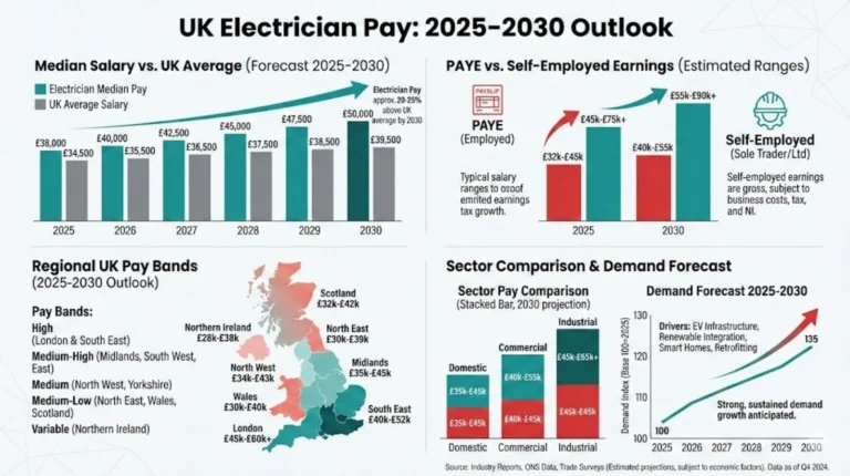 Infographic showing UK electrician pay outlook from 2025 to 2030, including salary growth vs UK average, PAYE vs self-employed earnings, regional pay bands, sector pay comparison, and rising demand forecast.