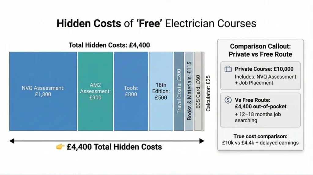 Infographic showing the hidden costs of “free” electrician courses, breaking down expenses such as NVQ assessment, AM2, tools, books, travel, and cards, totalling £4,400.
