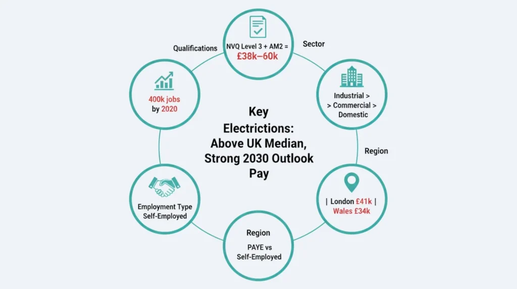 Infographic summarising five key factors affecting UK electrician pay qualifications, sector, region, employment type, and demand outlook