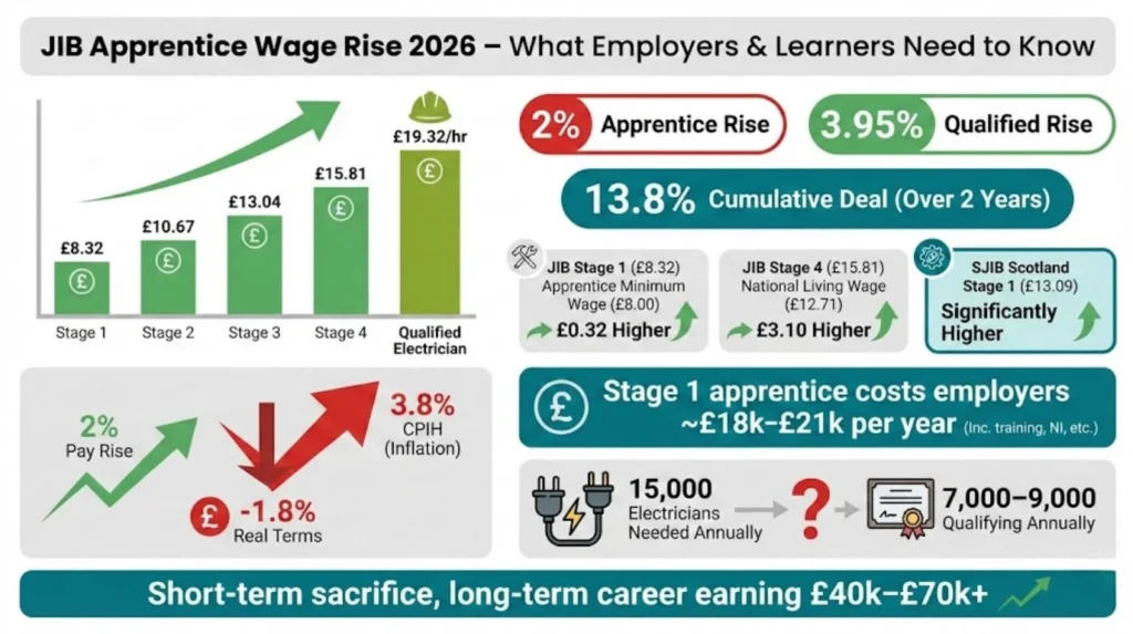 JIB Apprentice Wage Rise 2026 with hourly pay increasing from Stage 1 (£8.32) to qualified electrician (£19.32), highlighting a 2_ apprentice rise, 3.95_ qualified rise, 13.8_ cumulative deal, employer costs of £