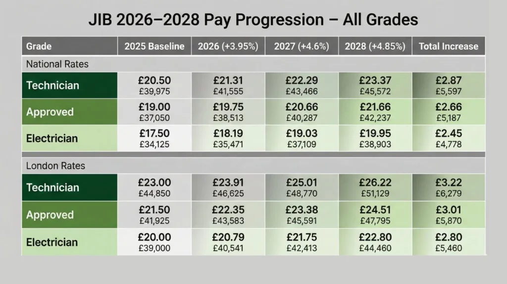 JIB pay progression table 2025-2028 showing Electrician rising from £34,398 to £39,312 annually, Approved from £37,596 to £42,879, Technician from £42,486 to £48,453