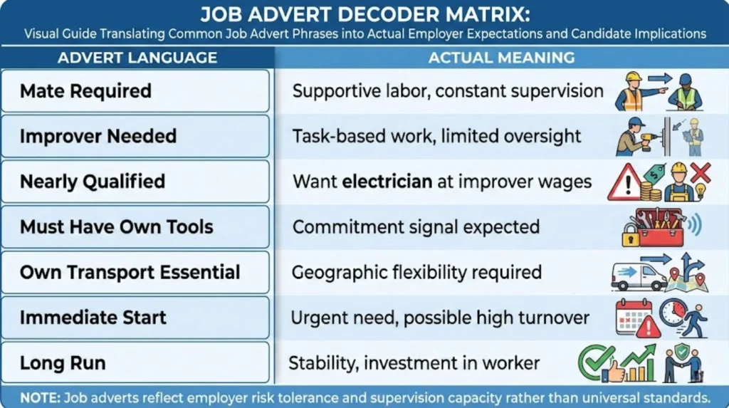 Job advert language decoder showing surface meanings versus actual employer expectations for mate and improver positions