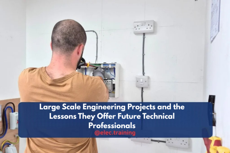 Electrician wiring a consumer unit on a training wall with sockets and conduit