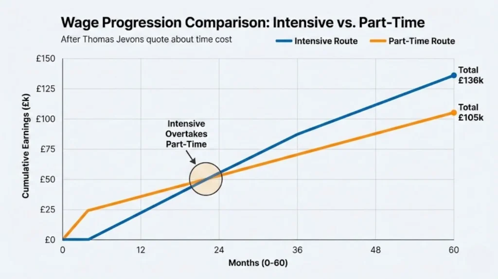 Line chart comparing cumulative earnings over 60 months for intensive and part-time electrician training routes, showing when the intensive route overtakes part-time earnings.