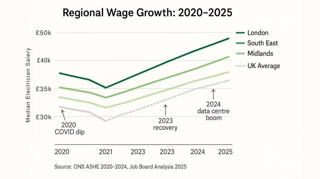 Line chart showing London and South East electrician wages growing faster than North and Midlands 2020-2025