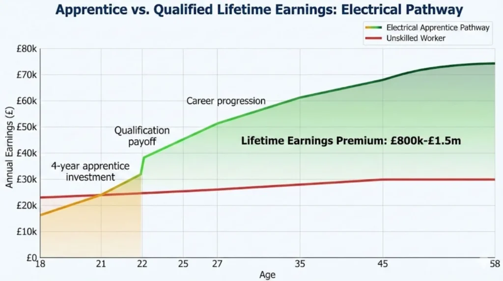 Line graph comparing electrical apprentice pathway showing initial low wages