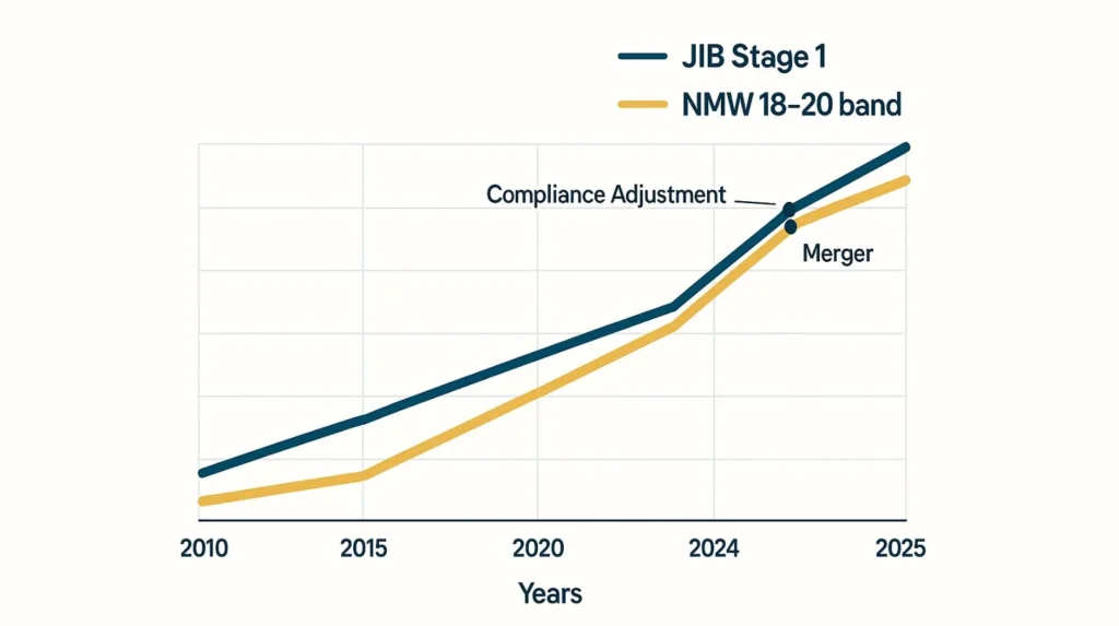 Line graph showing JIB Stage 1 apprentice rates vs National Minimum Wage 18-20 band from 2010-2025
