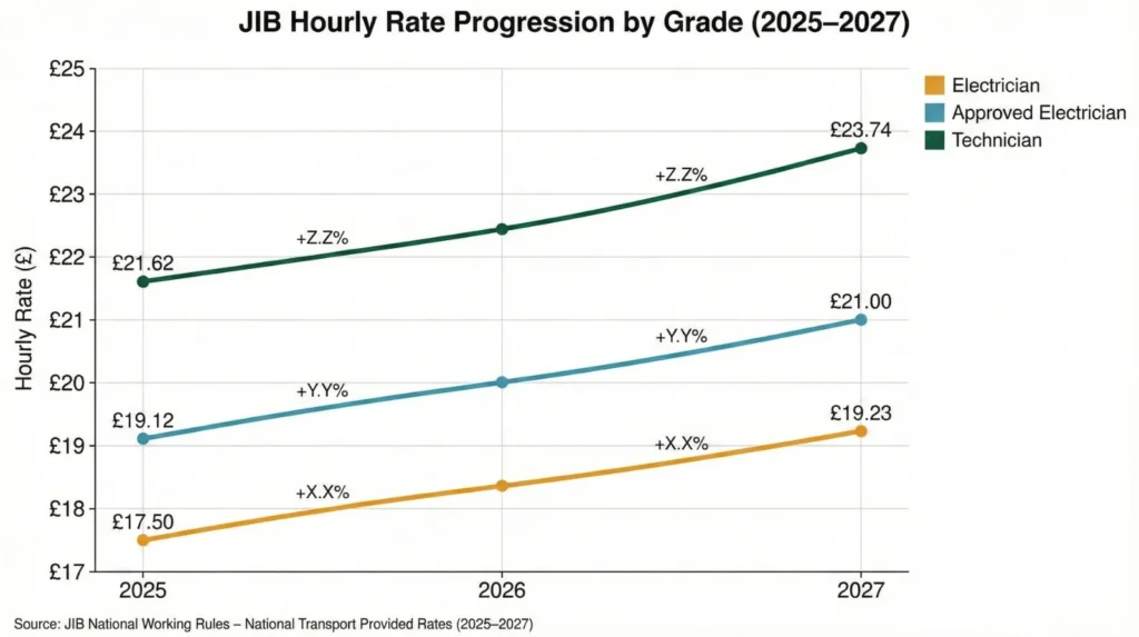 Line graph showing JIB hourly rate progression 2025-2027 for three grades Electrician £17.50 to £19.23, Approved Electrician £19.12 to £21.00, Technician £21.62 to £23.74, demonstrating 9.8_ cumulative growth