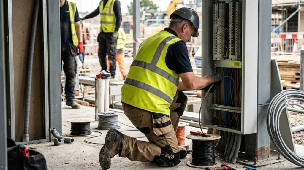 Mature electrician performing site installation work demonstrating physical demands of electrical trade for older learners