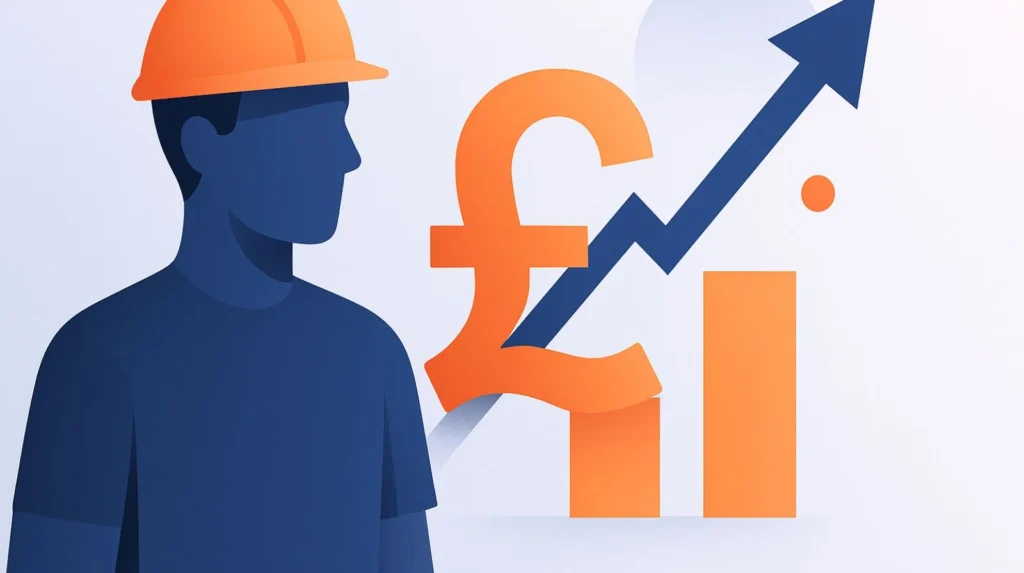 Modern abstract illustration of a generic electrician with a large pound sign and upward growth graphics.