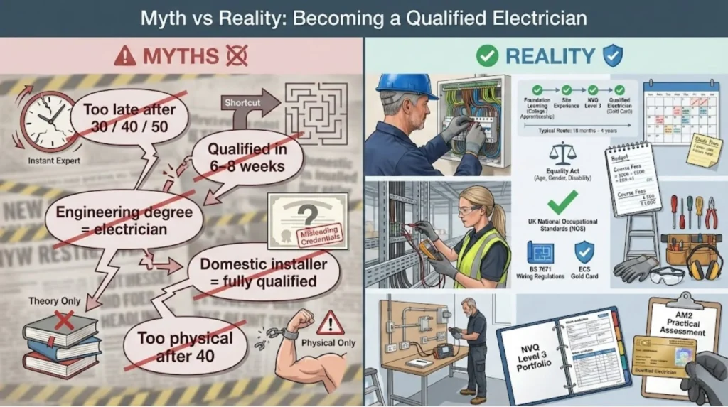 Myth versus reality infographic comparing common misconceptions with the real process of becoming a qualified electrician.