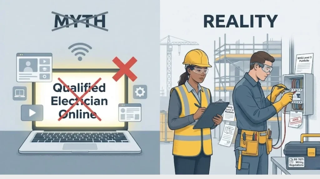 Myth vs reality comparison showing that electricians cannot qualify online, alongside a qualified electrician testing a consumer unit on site.