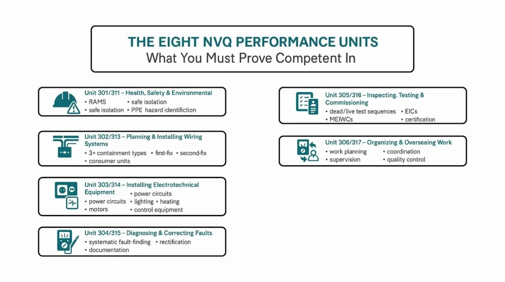 NVQ Level 3 Electrical performance units breakdown showing 8 mandatory units health and safety, planning and installing wiring systems, installing equipment, fault-finding, testing