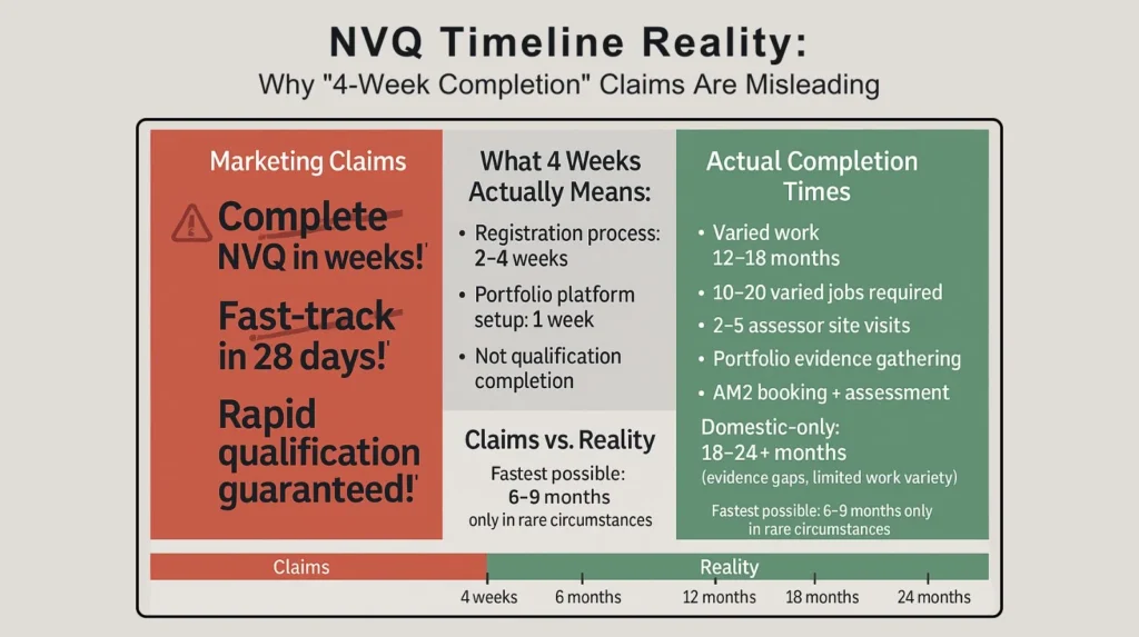 NVQ completion timeline comparison showing misleading marketing claims of 4-week completion versus realistic 12-18 month timeline for varied work and 18-24 months for domestic-only work