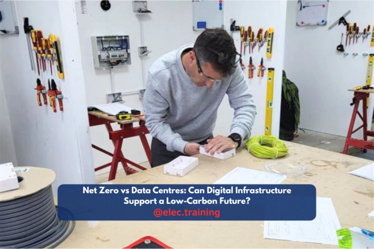 Trainee electrician assembling electrical components at a workbench in a training workshop