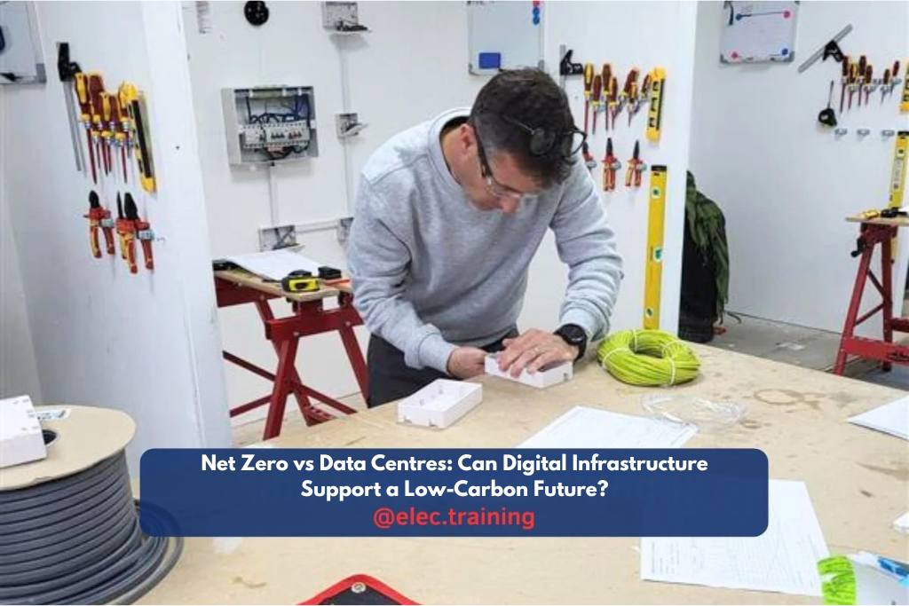 Trainee electrician assembling electrical components at a workbench in a training workshop