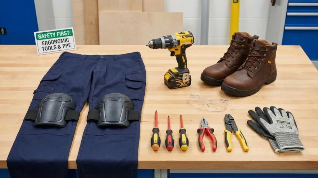 Professional PPE and ergonomic tools including knee pads, safety boots, cordless power tools demonstrating equipment reducing physical strain for older electrical workers