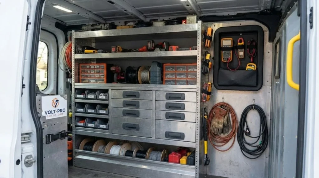 Professional electrician van interior showing organized tool storage and equipment representing proper business investment