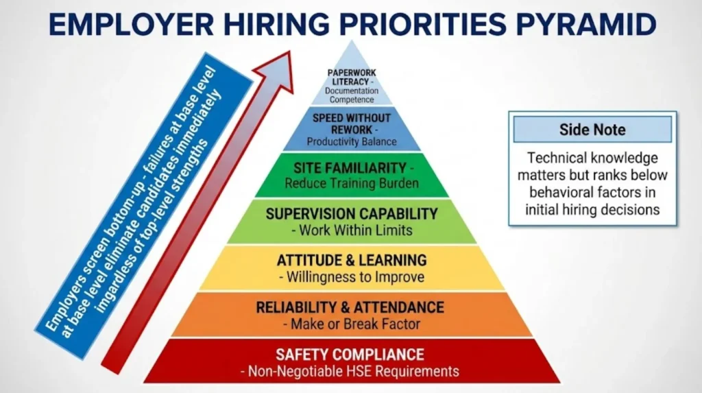 Pyramid hierarchy diagram showing employer screening priorities with safety compliance at base as non-negotiable and technical knowledge as secondary to behavioral reliability