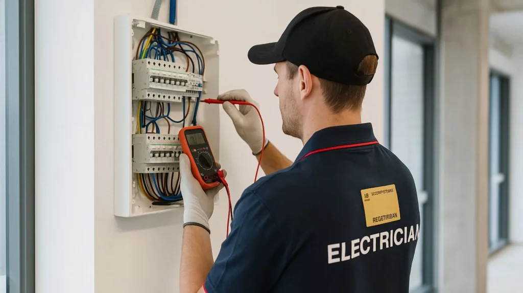 Qualified electrician conducting professional electrical work representing successful outcome of UK electrician training investment