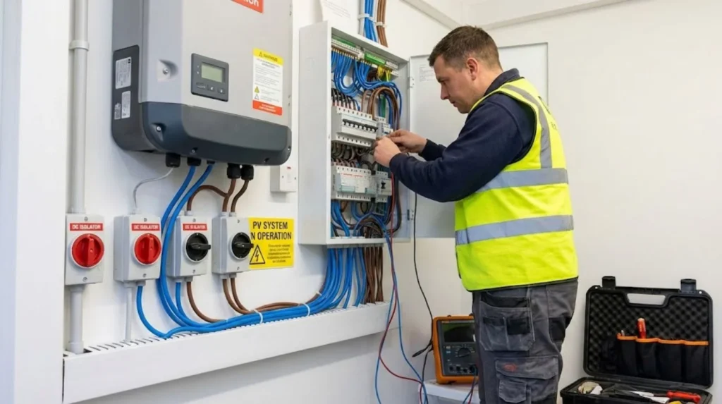 Qualified electrician installing solar PV electrical system showing consumer unit modifications and BS 7671 compliance