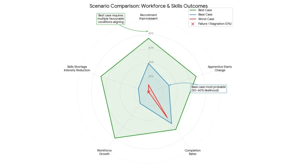 Radar chart comparing three 2026 JIB pay rise scenarios across five outcome dimensions: recruitment improvement, apprentice starts, completion rates, workforce growth, and shortage reduction. Best case shows 65-80% outcomes, base case 15-55%, worst case 0-45%