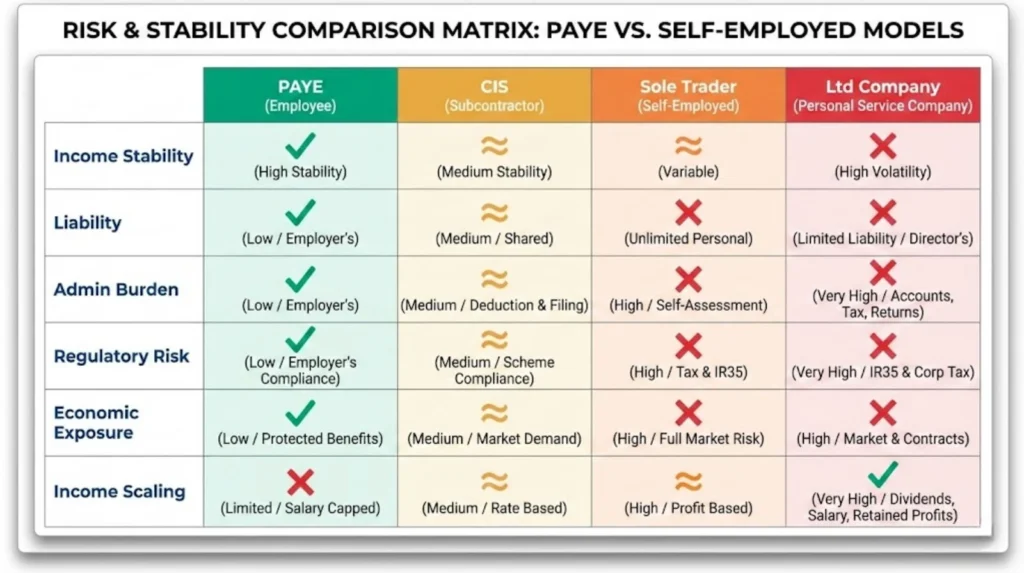 Risk and stability comparison matrix showing PAYE offers highest stability, self-employment offers highest risk and income scaling potential